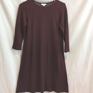 J.Jill | Wine Black Ponte Knit Dress Princess Seams Low Flounce 3/4 Sleeve | XS